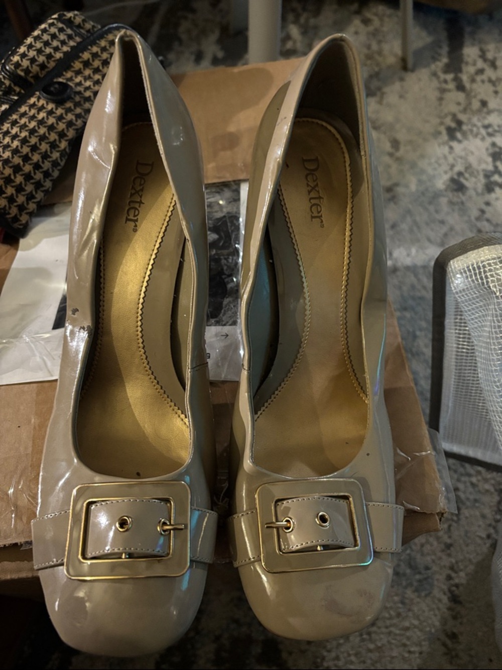 Dexter Patent Leather Buckle Pumps in Beige Taupe